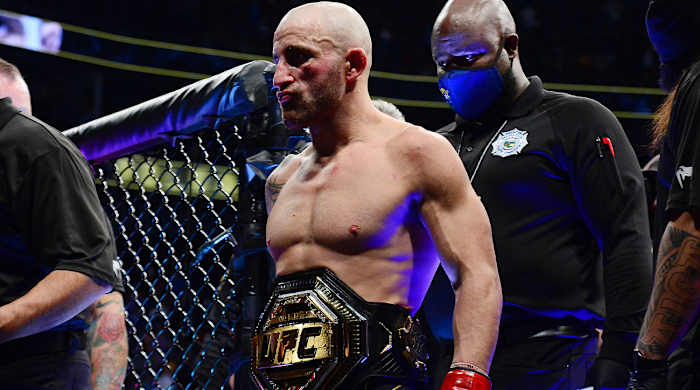 Sep 25, 2021; Las Vegas, Nevada, USA; Alexander Volkanovski reacts following his victory and title defense against Brian Ortega during UFC 266 at T-Mobile Arena.